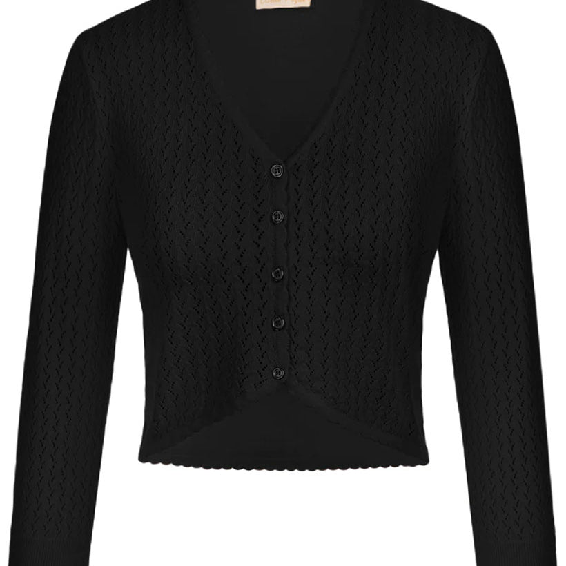 belle poque Hollowed-Out Cardigan 3/4 Sleeve V-Neck Button-up Cropped Knitwear Black