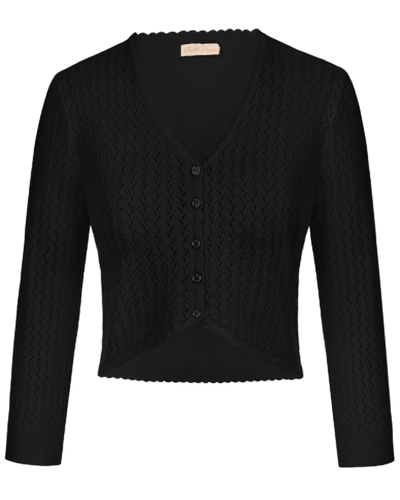 belle poque Hollowed-Out Cardigan 3/4 Sleeve V-Neck Button-up Cropped Knitwear Black