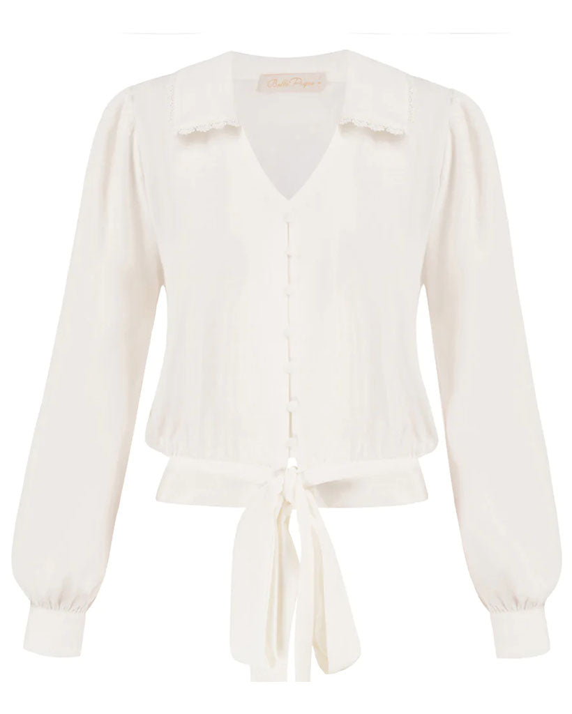 belle poque Seckill Offer⌛Vintage Cropped Shirt Long Lantern Sleeve Lapel V-Neck Button-up Tops White