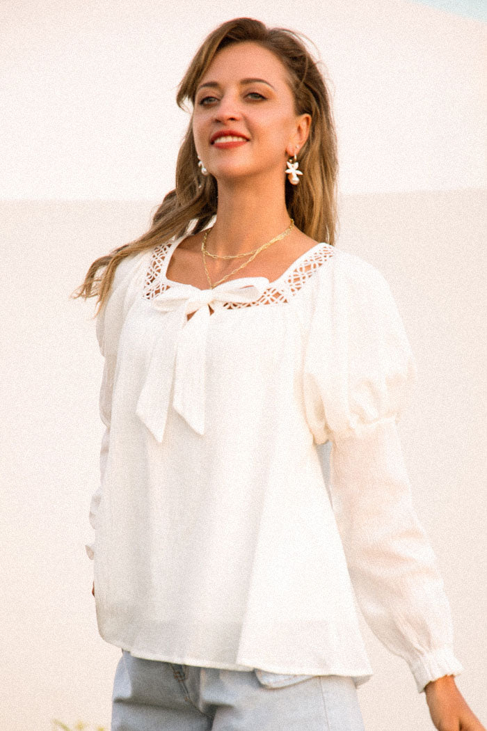 belle poque Frieeah Cotton Hollowed-out Tops White