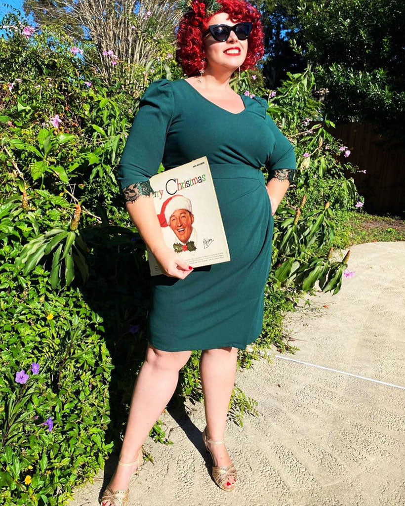 belle poque Fans Look of Retro V-Neck Lace Splicing Bodycon Dress 3/4 Puffed Sleeve Ruched Front Pencil Dress Green XL