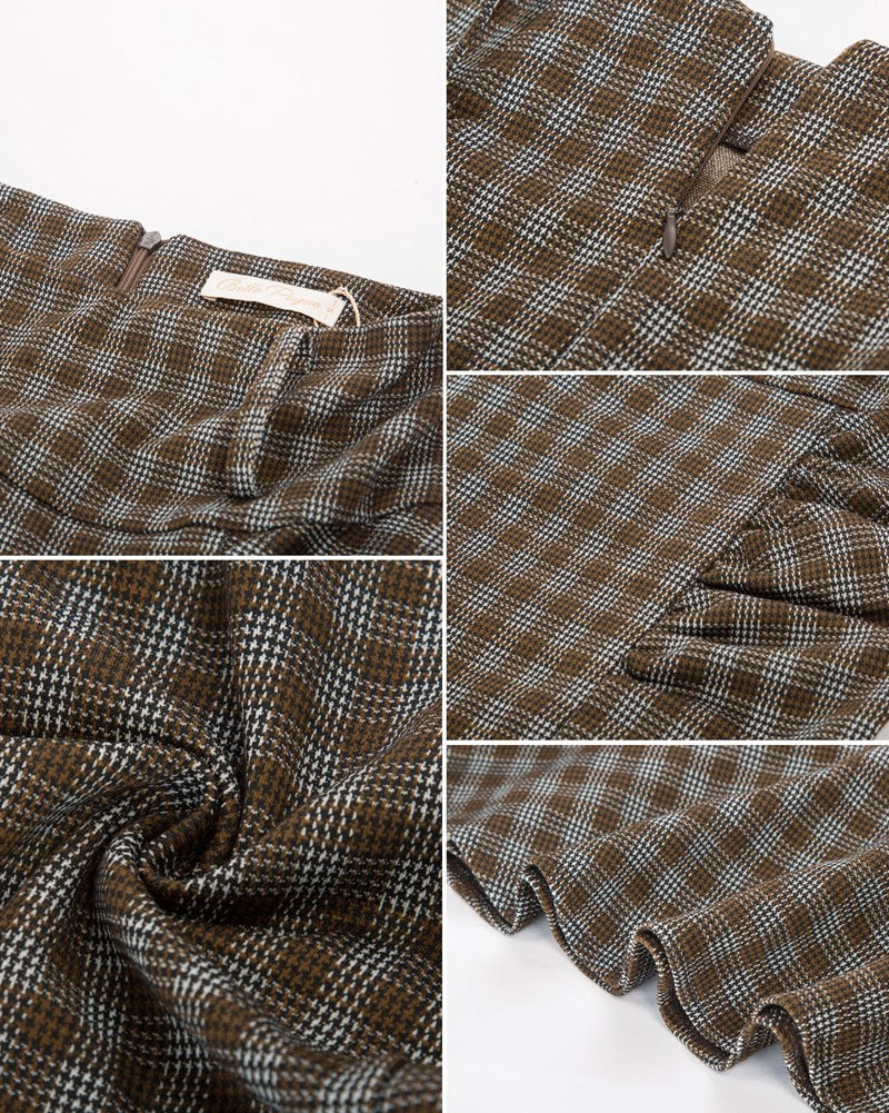 belle poque Houndstooth Mermaid Hem Shirred Detail Pencil Skirt with Belt