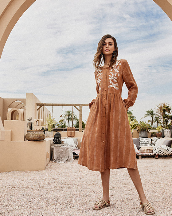 belle poque Frieeah Linen Striped Printed Button-up A-Line Dress