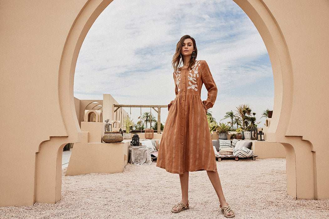 belle poque Frieeah Linen Striped Printed Button-up A-Line Dress