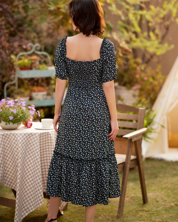 belle poque Floral Printed Two-Way Dress Short Sleeve Square Neck/Off Shoulder A-Line Dress