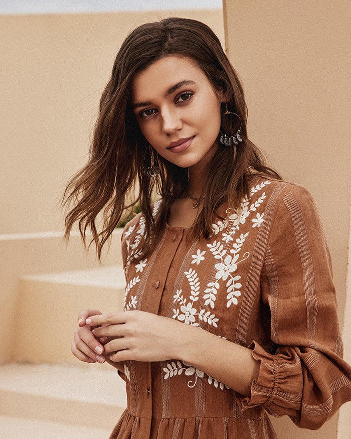 belle poque Frieeah Linen Striped Printed Button-up A-Line Dress