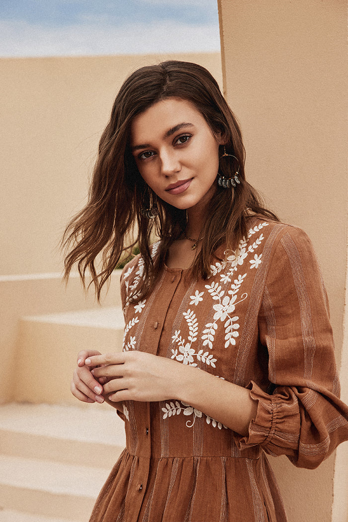 belle poque Frieeah Linen Striped Printed Button-up A-Line Dress