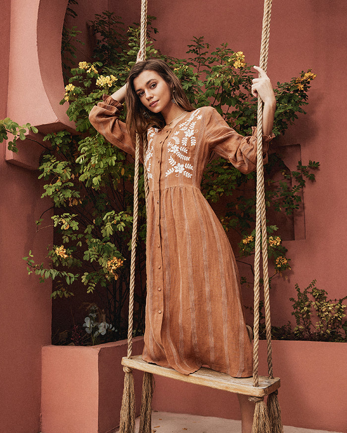 belle poque Frieeah Linen Striped Printed Button-up A-Line Dress