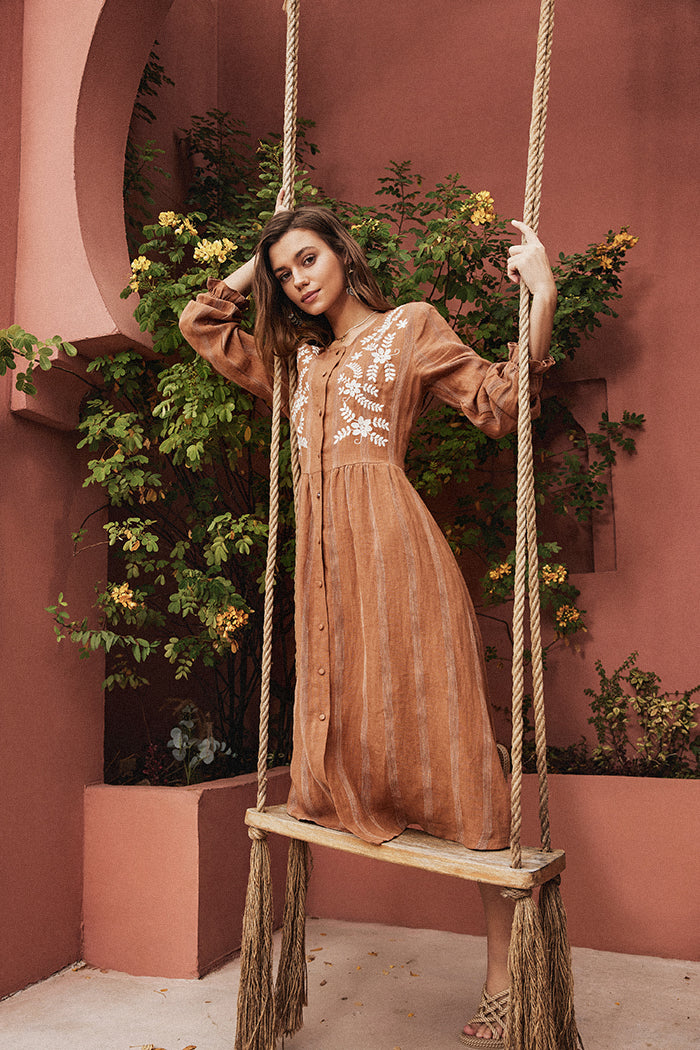 belle poque Frieeah Linen Striped Printed Button-up A-Line Dress