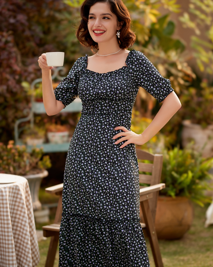 belle poque Floral Printed Two-Way Dress Short Sleeve Square Neck/Off Shoulder A-Line Dress