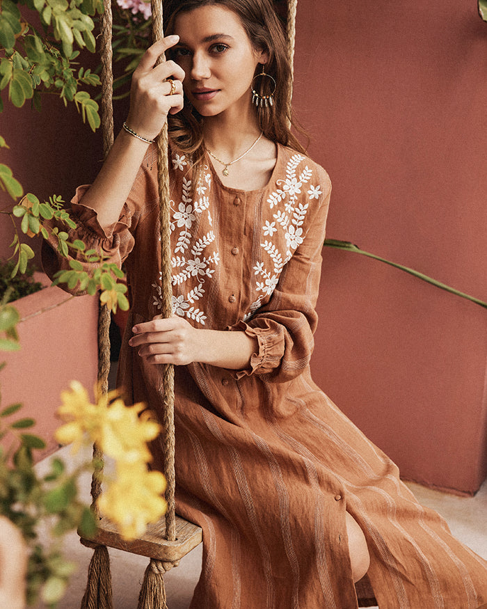 belle poque Frieeah Linen Striped Printed Button-up A-Line Dress