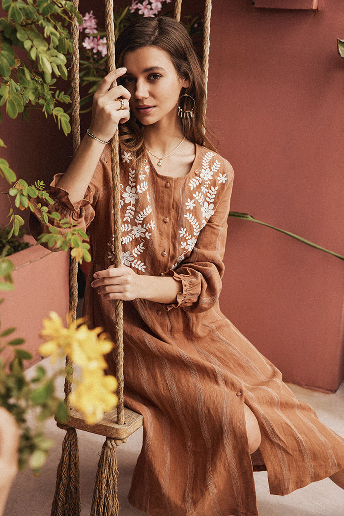 belle poque Frieeah Linen Striped Printed Button-up A-Line Dress