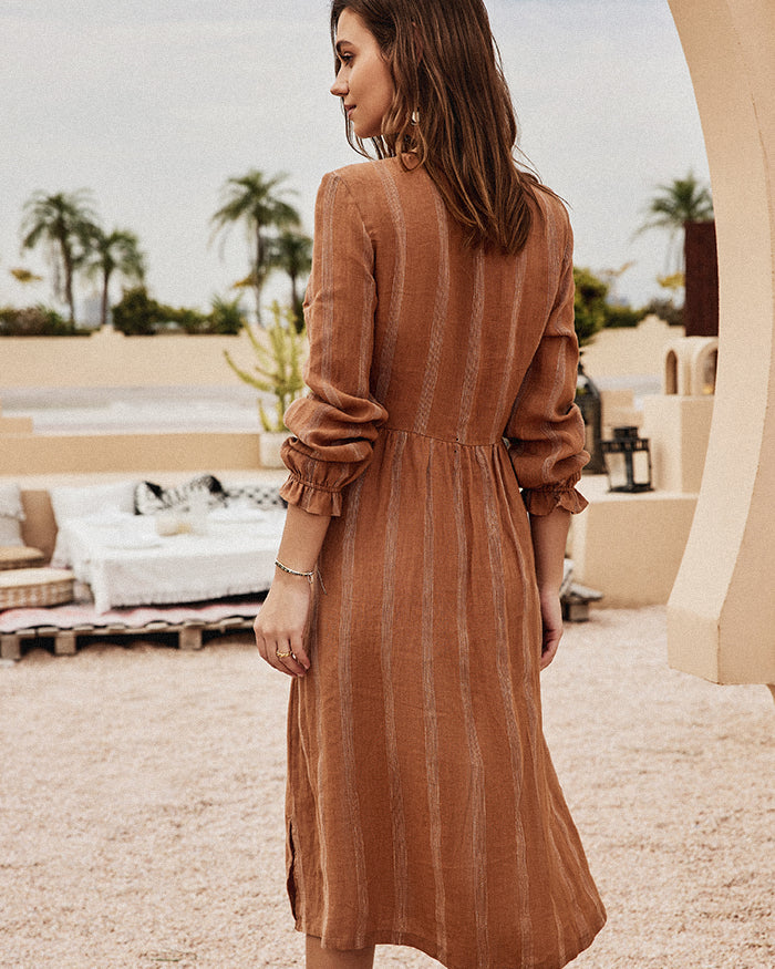 belle poque Frieeah Linen Striped Printed Button-up A-Line Dress