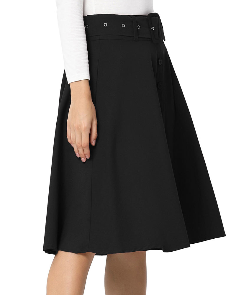 belle poque Vintage Stretch High Waist A-Line Flared Midi Skirts with Pockets & Belts