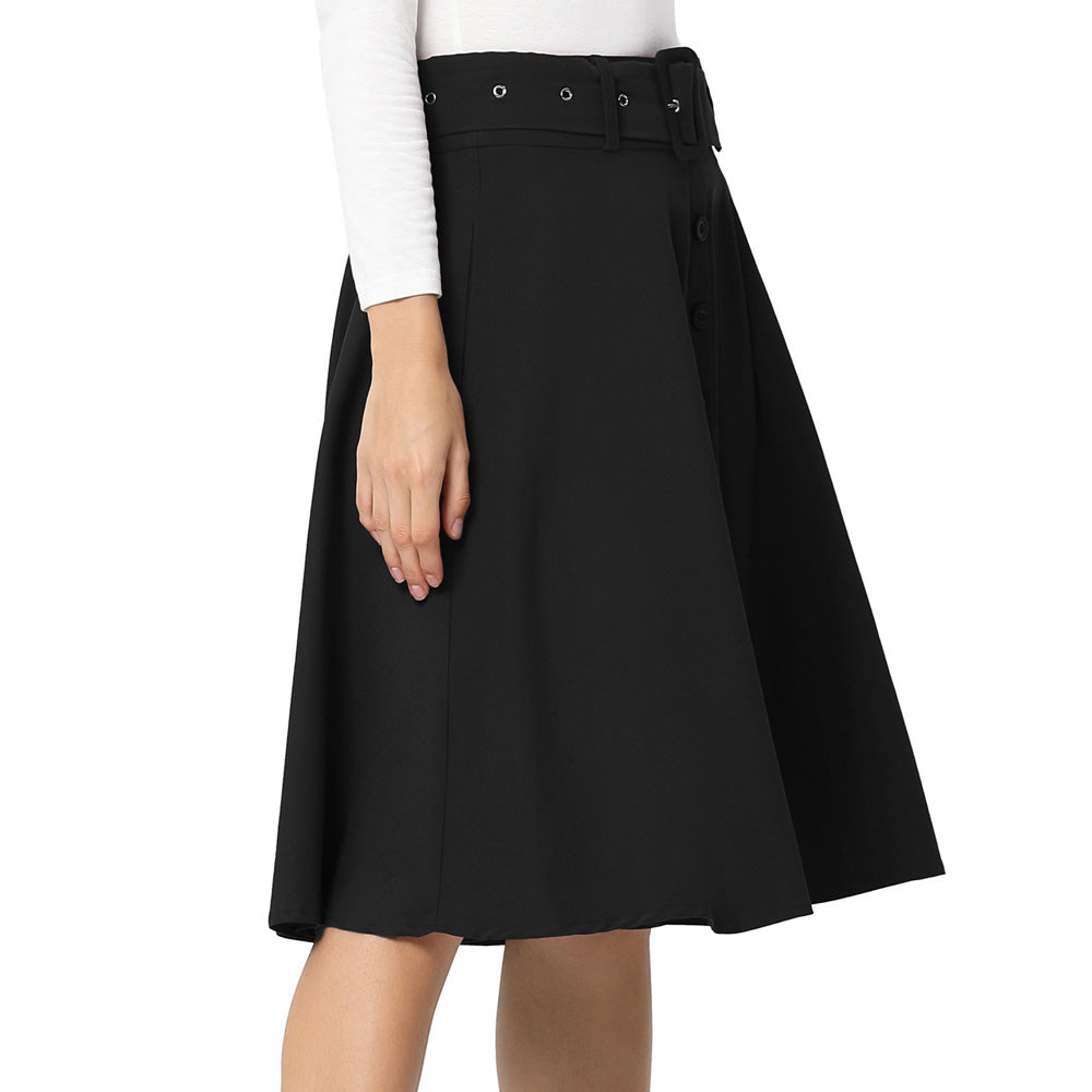 belle poque Vintage Stretch High Waist A-Line Flared Midi Skirts with Pockets & Belts