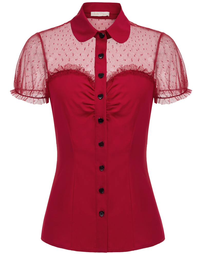 belle poque 1950s Retro Vintage Shirts Polka Dots Mesh Rockabilly Blouse Short Sleeves Tops