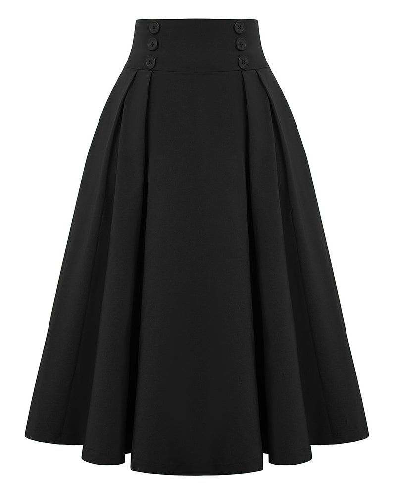 belle poque Women's Vintage Pleated Buttons Elastic Waist High A-Line Skirt Black
