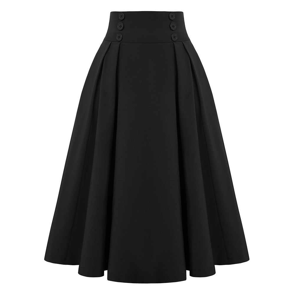 belle poque Women's Vintage Pleated Buttons Elastic Waist High A-Line Skirt Black