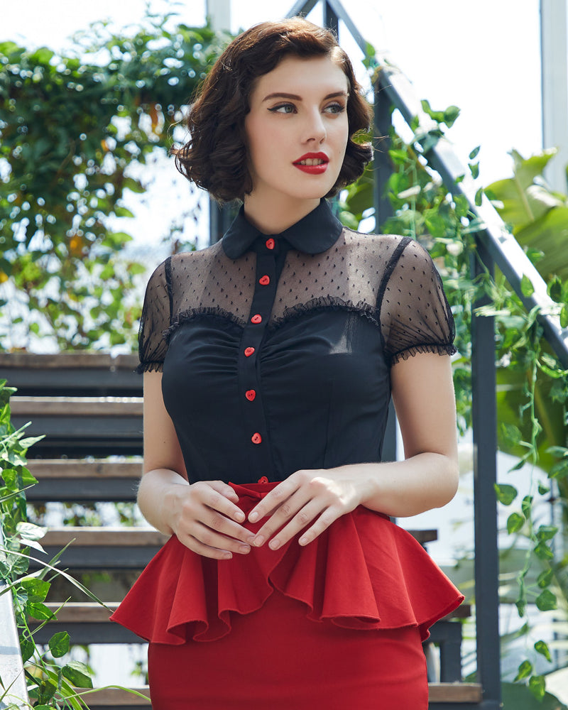 belle poque 1950s Retro Vintage Shirts Polka Dots Mesh Rockabilly Blouse Short Sleeves Tops