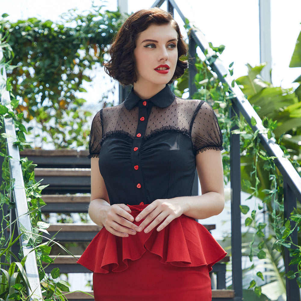 belle poque 1950s Retro Vintage Shirts Polka Dots Mesh Rockabilly Blouse Short Sleeves Tops