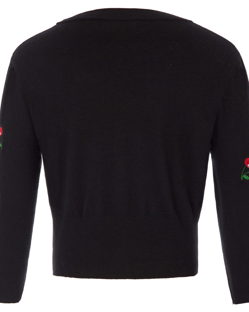 belle poque 3/4 Sleeve V-Neck Button Down Cherries Embroidery Cropped Cardigan Sweater Coat