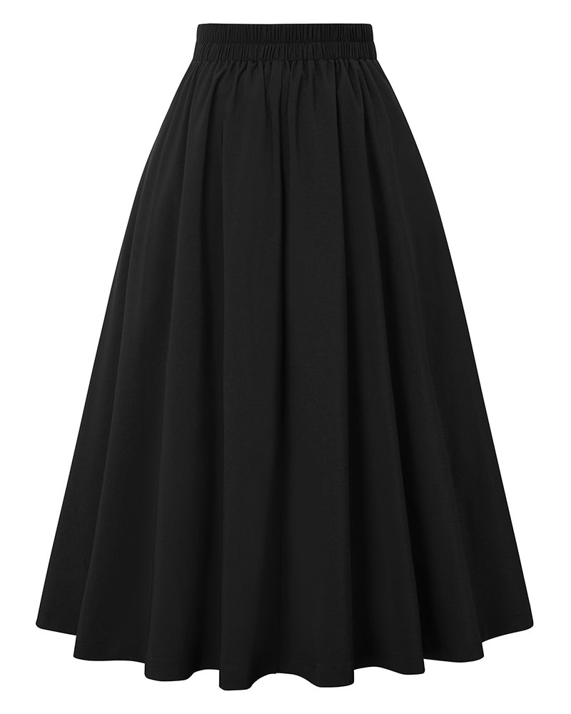 belle poque Women's Vintage Pleated Buttons Elastic Waist High A-Line Skirt