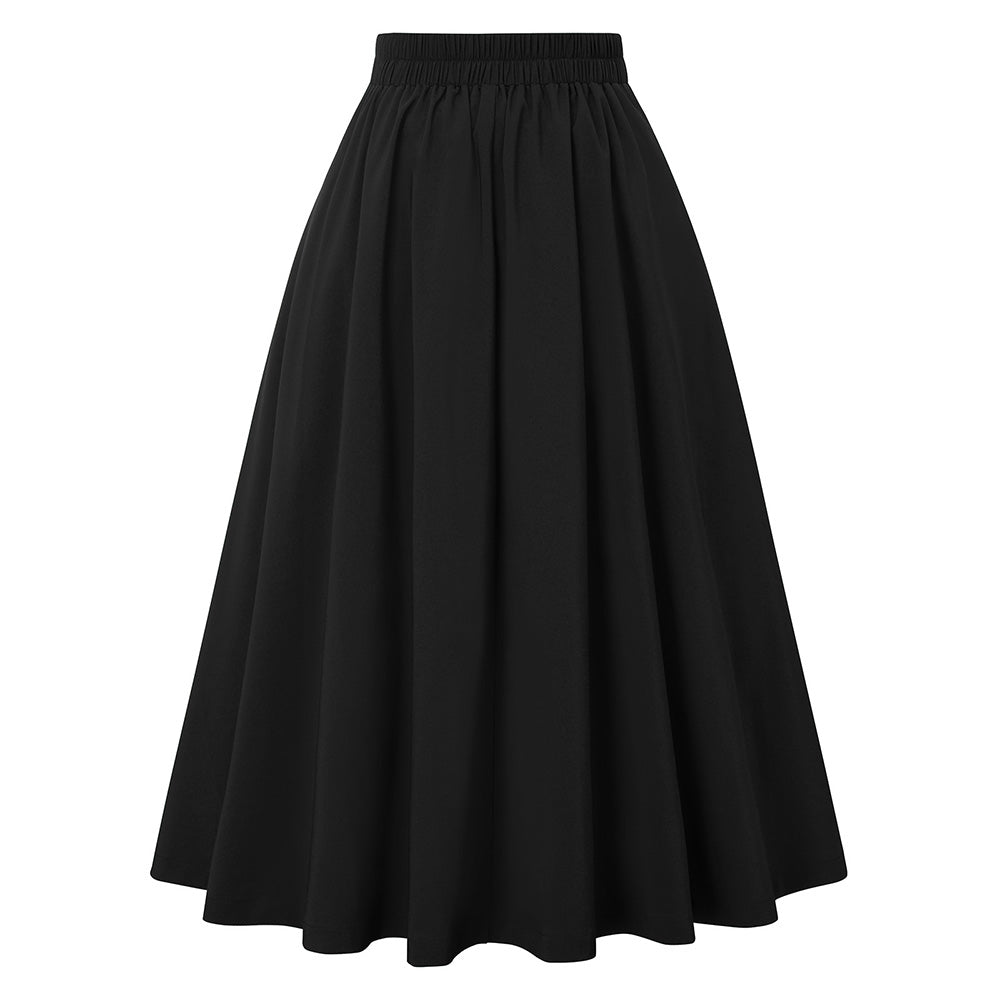 belle poque Women's Vintage Pleated Buttons Elastic Waist High A-Line Skirt
