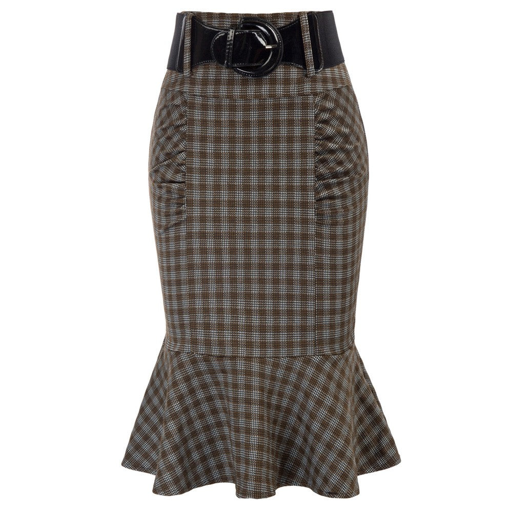 belle poque Houndstooth Mermaid Hem Shirred Detail Pencil Skirt with Belt Brown