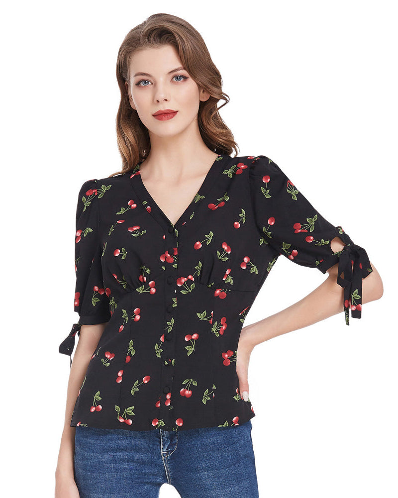 belle poque Cherries Pattern Short Puff Sleeves V-Neck Button Placket Blouse