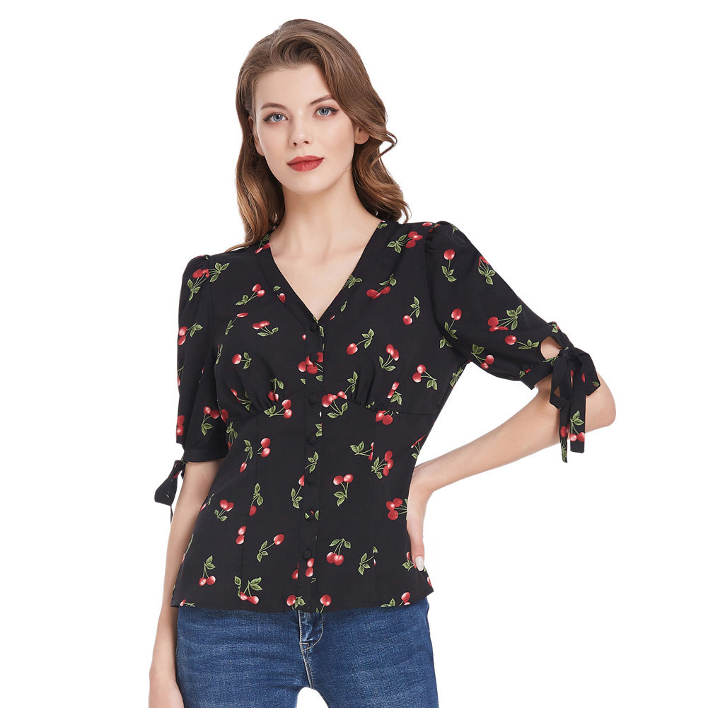 belle poque Cherries Pattern Short Puff Sleeves V-Neck Button Placket Blouse