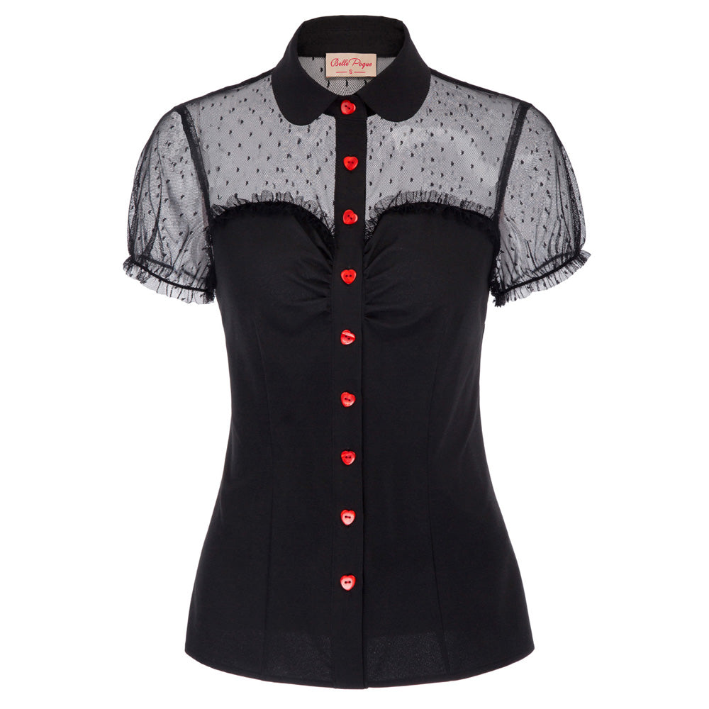 belle poque 1950s Retro Vintage Shirts Polka Dots Mesh Rockabilly Blouse Short Sleeves Tops Black