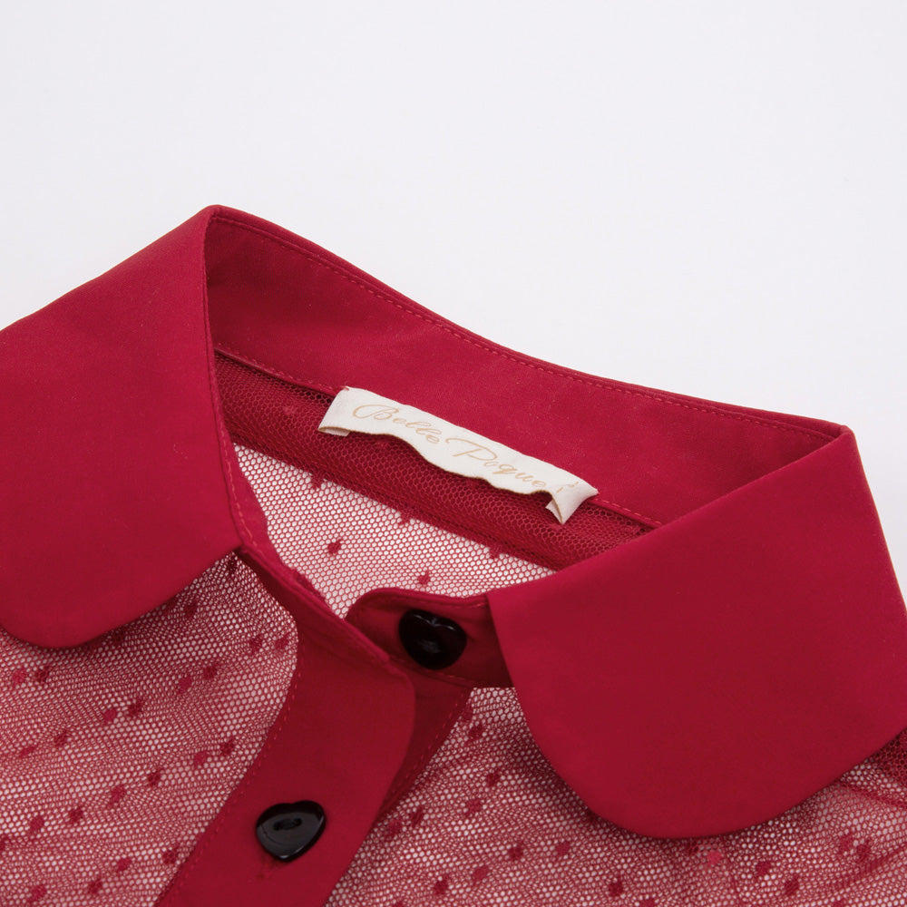 belle poque 1950s Retro Vintage Shirts Polka Dots Mesh Rockabilly Blouse Short Sleeves Tops