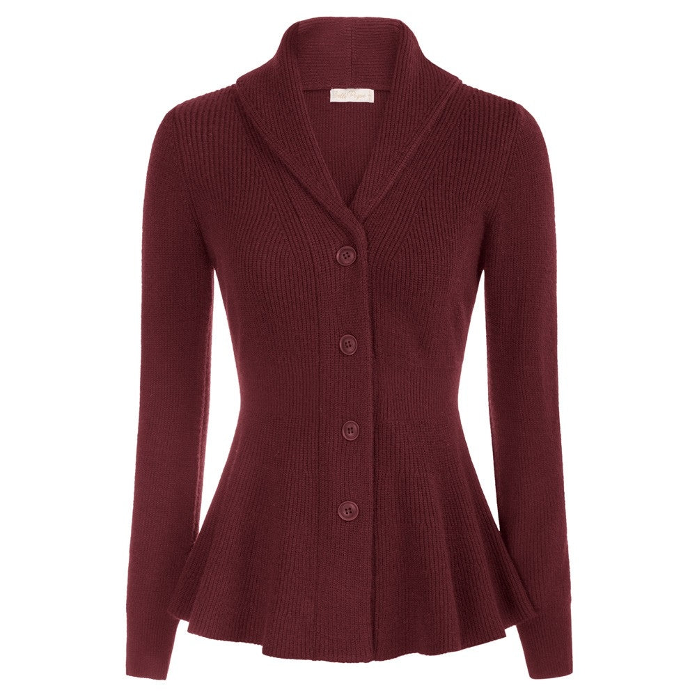 belle poque Vintage Cardigan Sweater Shawl Lapel Button Down Sweater Outwear Coat Wine Red