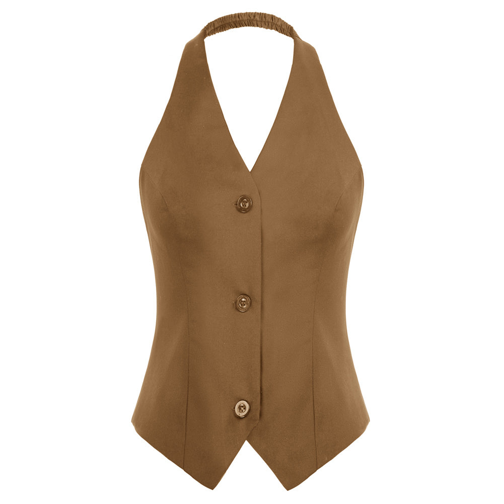 belle poque Seckill Offer⌛Solid Color Halter V-Neck Single Breasted Handkerchief Vest Brown