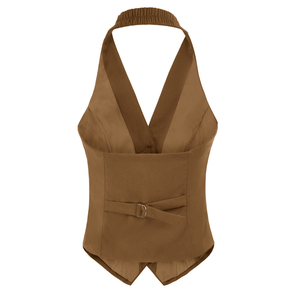 belle poque Seckill Offer⌛Solid Color Halter V-Neck Single Breasted Handkerchief Vest