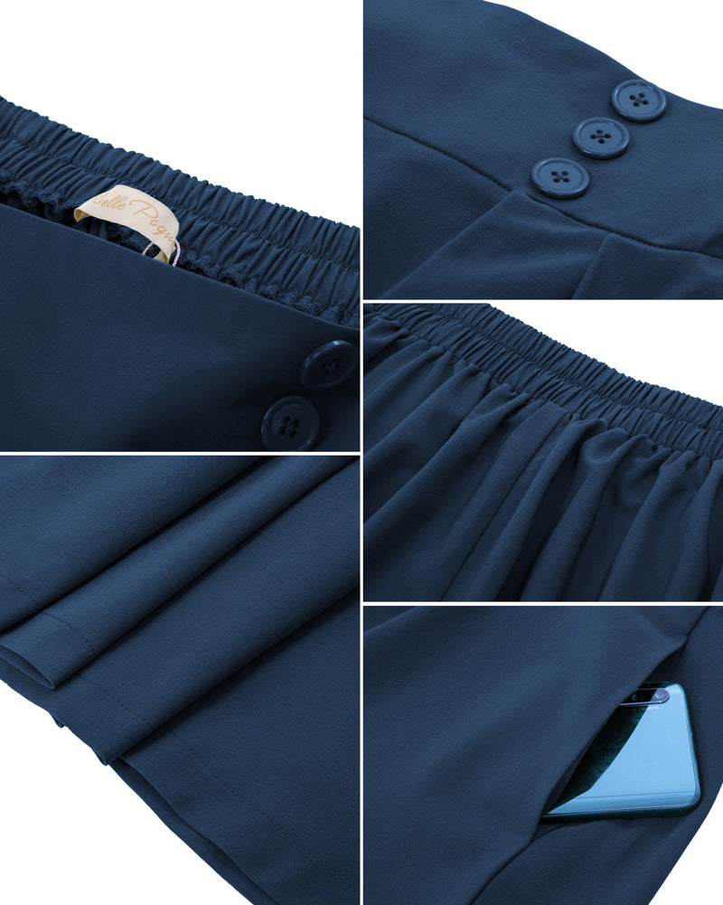 belle poque Women's Vintage Pleated Buttons Elastic Waist High A-Line Skirt