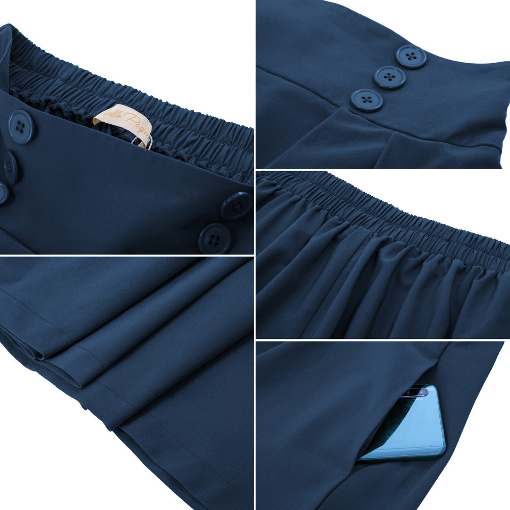belle poque Women's Vintage Pleated Buttons Elastic Waist High A-Line Skirt