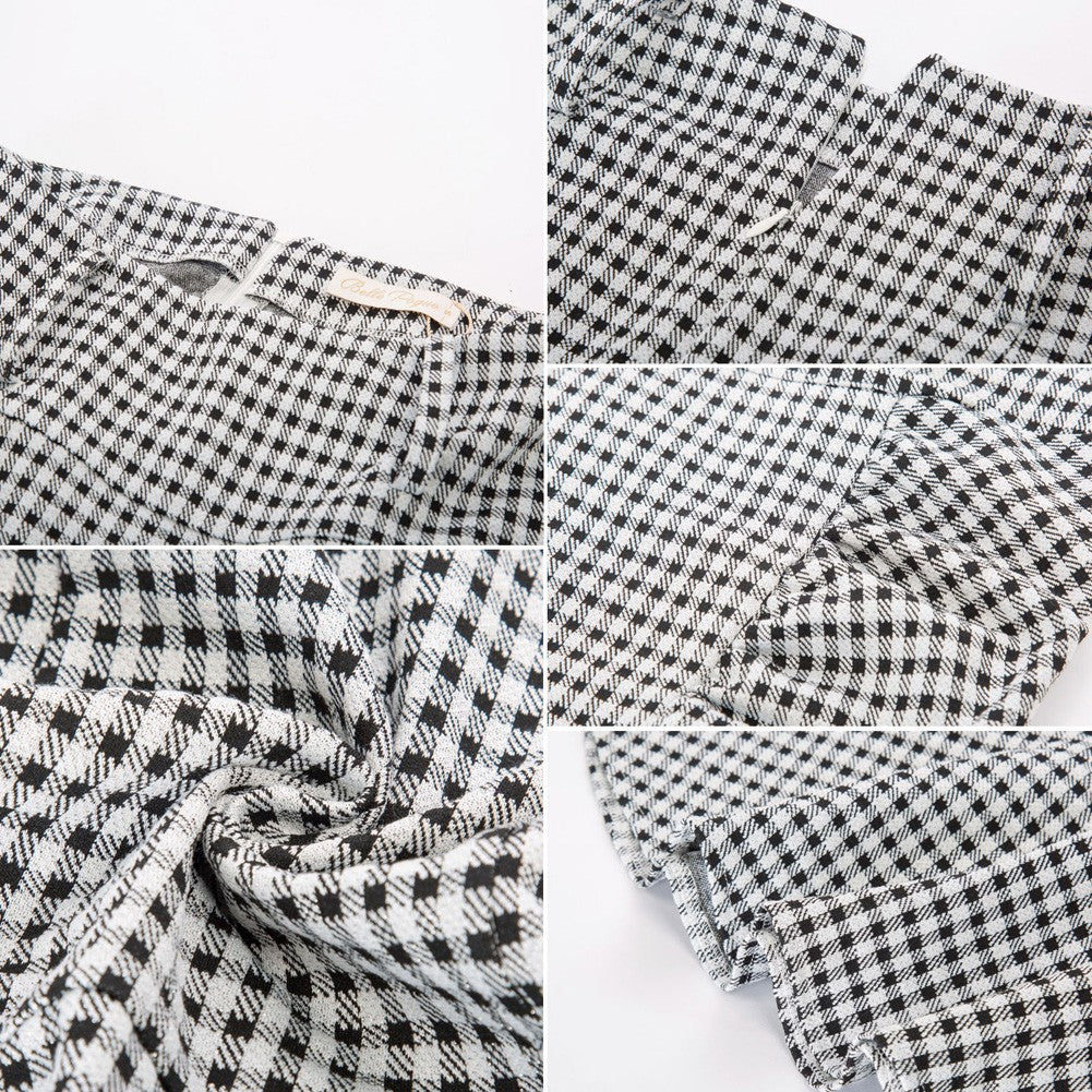 belle poque Houndstooth Mermaid Hem Shirred Detail Pencil Skirt with Belt