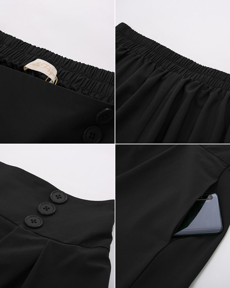 belle poque Women's Vintage Pleated Buttons Elastic Waist High A-Line Skirt