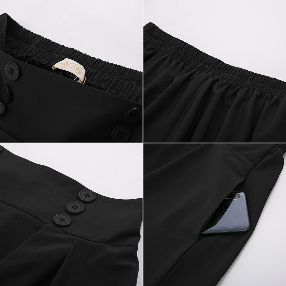 belle poque Women's Vintage Pleated Buttons Elastic Waist High A-Line Skirt