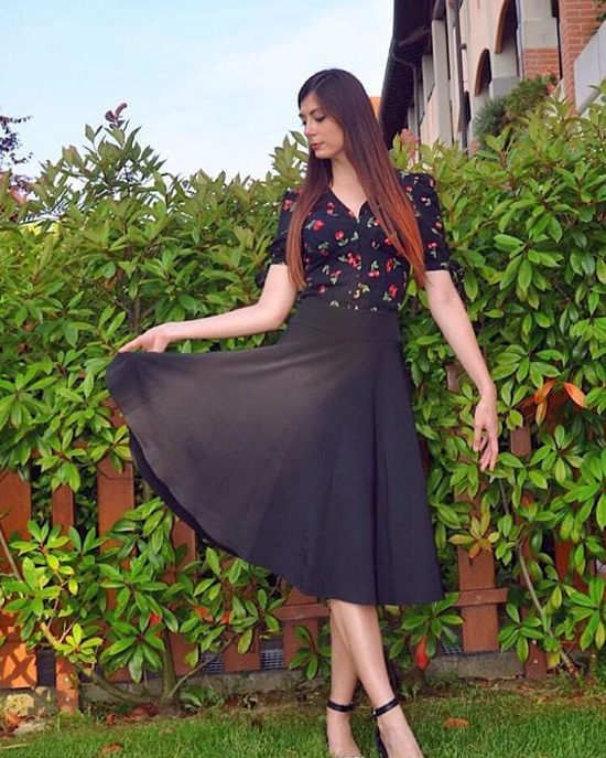 belle poque Cherries Pattern Short Puff Sleeves V-Neck Button Placket Blouse