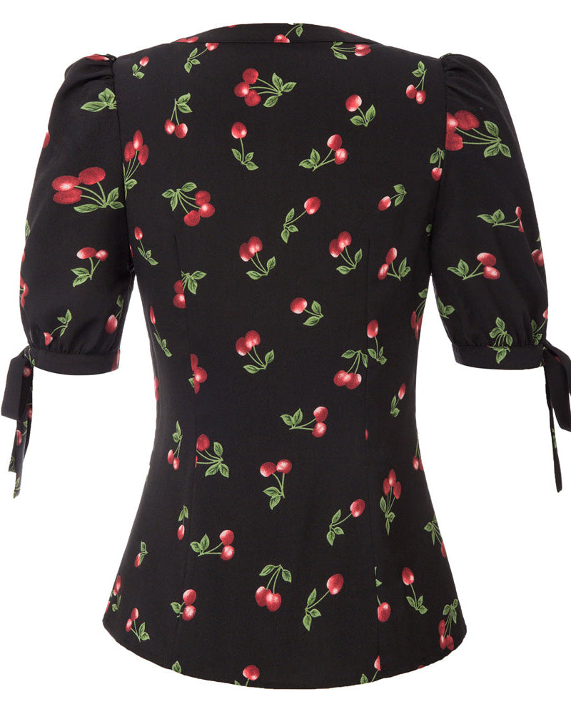 belle poque Cherries Pattern Short Puff Sleeves V-Neck Button Placket Blouse