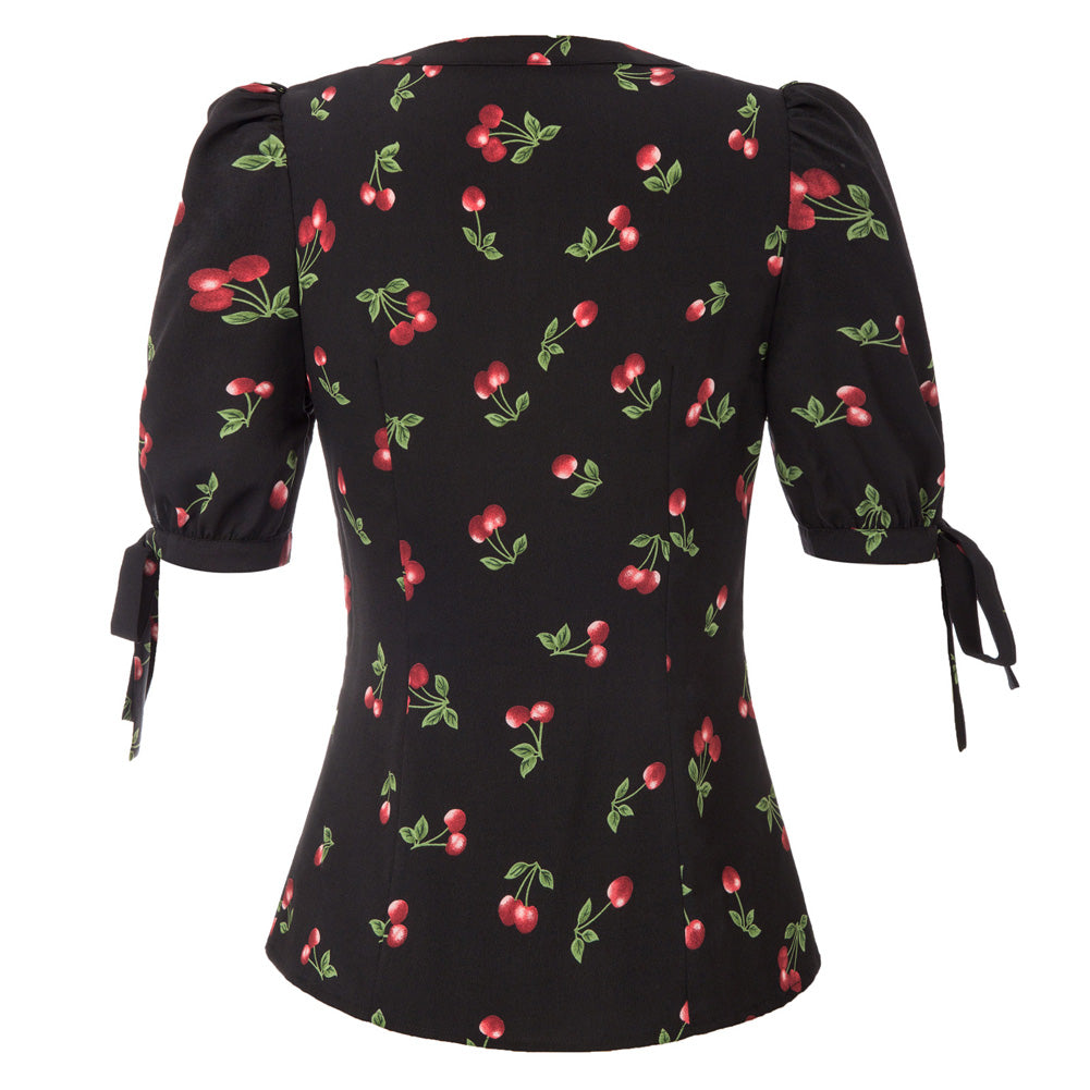 belle poque Cherries Pattern Short Puff Sleeves V-Neck Button Placket Blouse