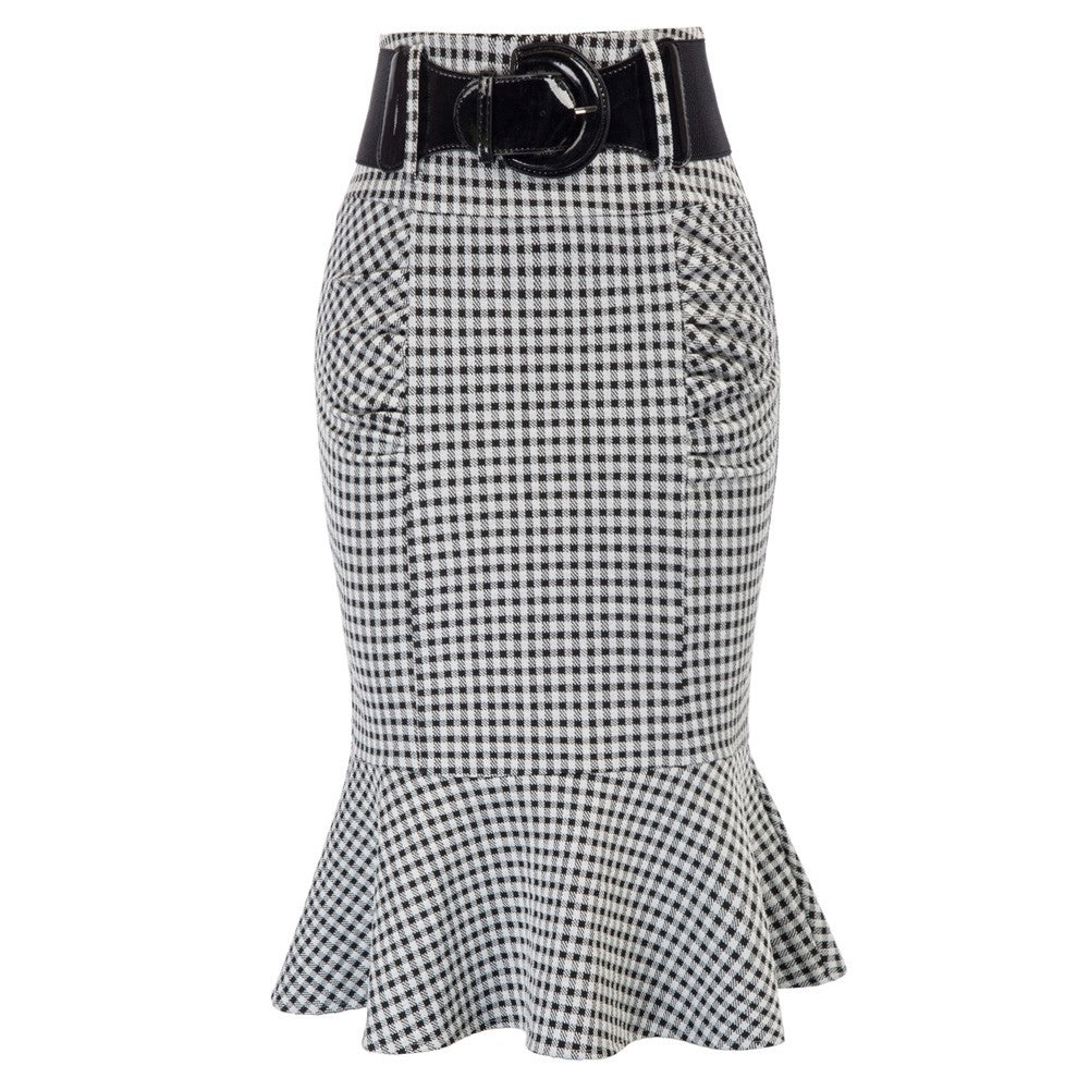 belle poque Houndstooth Mermaid Hem Shirred Detail Pencil Skirt with Belt Black