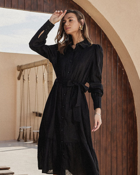 belle poque Frieeah Linen Shirt A-Line Dress Black