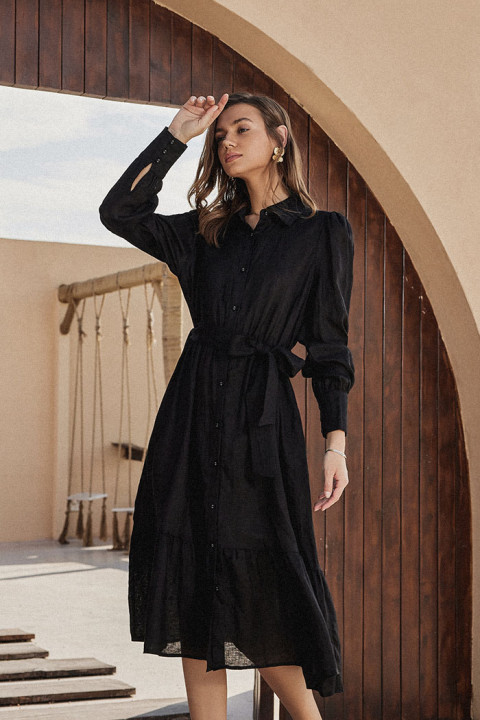 belle poque Frieeah Linen Shirt A-Line Dress Black