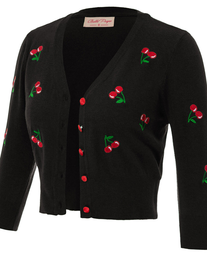 belle poque 3/4 Sleeve V-Neck Button Down Cherries Embroidery Cropped Cardigan Sweater Coat