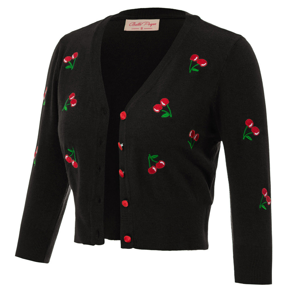 belle poque Women's 3/4 Sleeve Button Down Cherries Embroidery Cropped Cardigan Sweater Coat