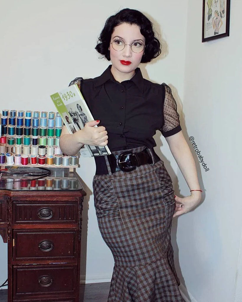 belle poque Houndstooth Mermaid Hem Shirred Detail Pencil Skirt with Belt