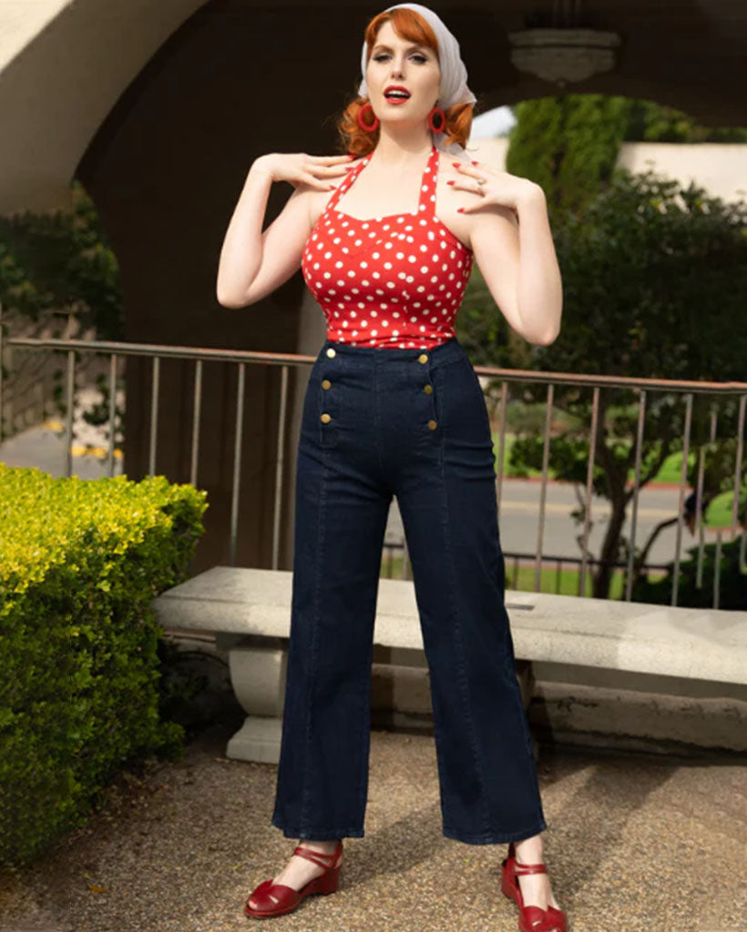 belle poque Wide Leg Jeans Button Decorated Casual Stretchy Demin Pants with Pockets